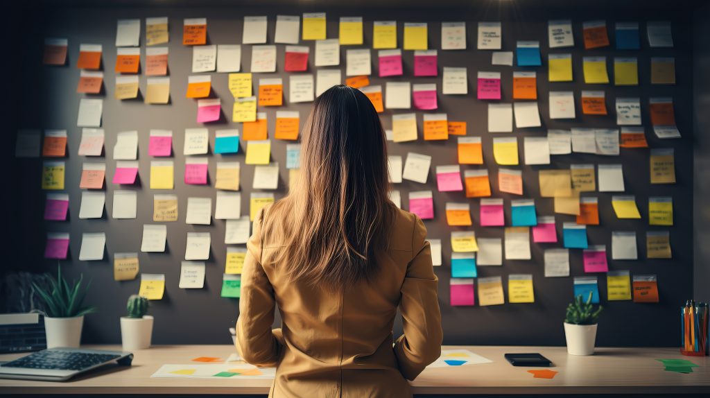 women with her back to the camera staring at a wall of sticky notes