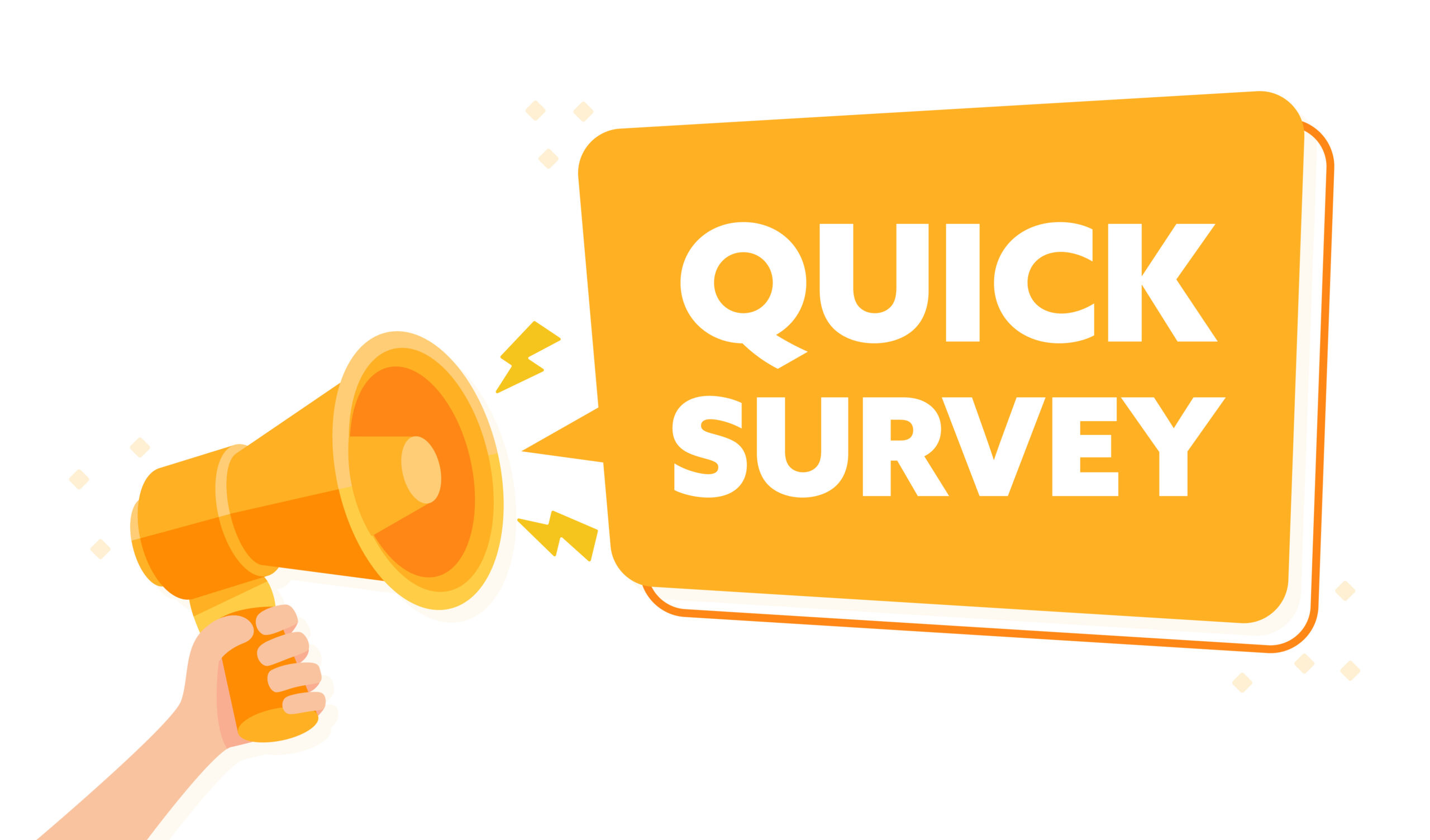 yellow megaphone with a box that says quick survey