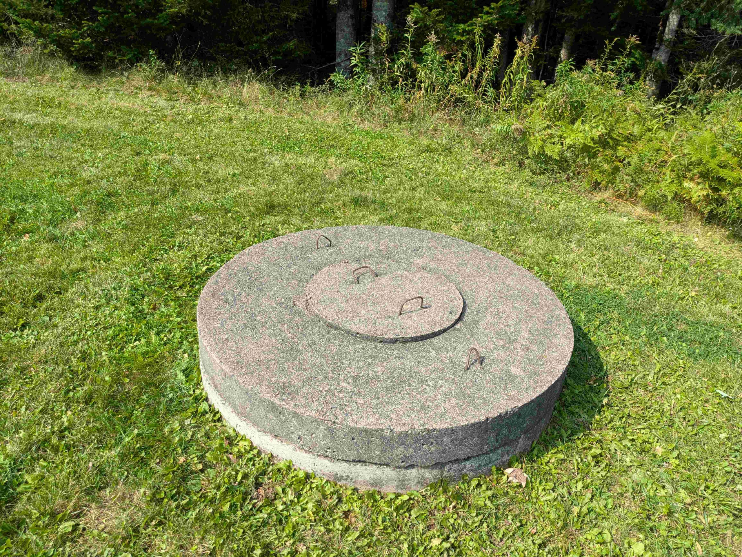 A dug well with cement topper surrounded by a green lawn.