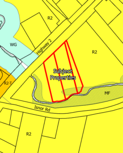 Bright yellow zoning map with red lines indicating the subject property.