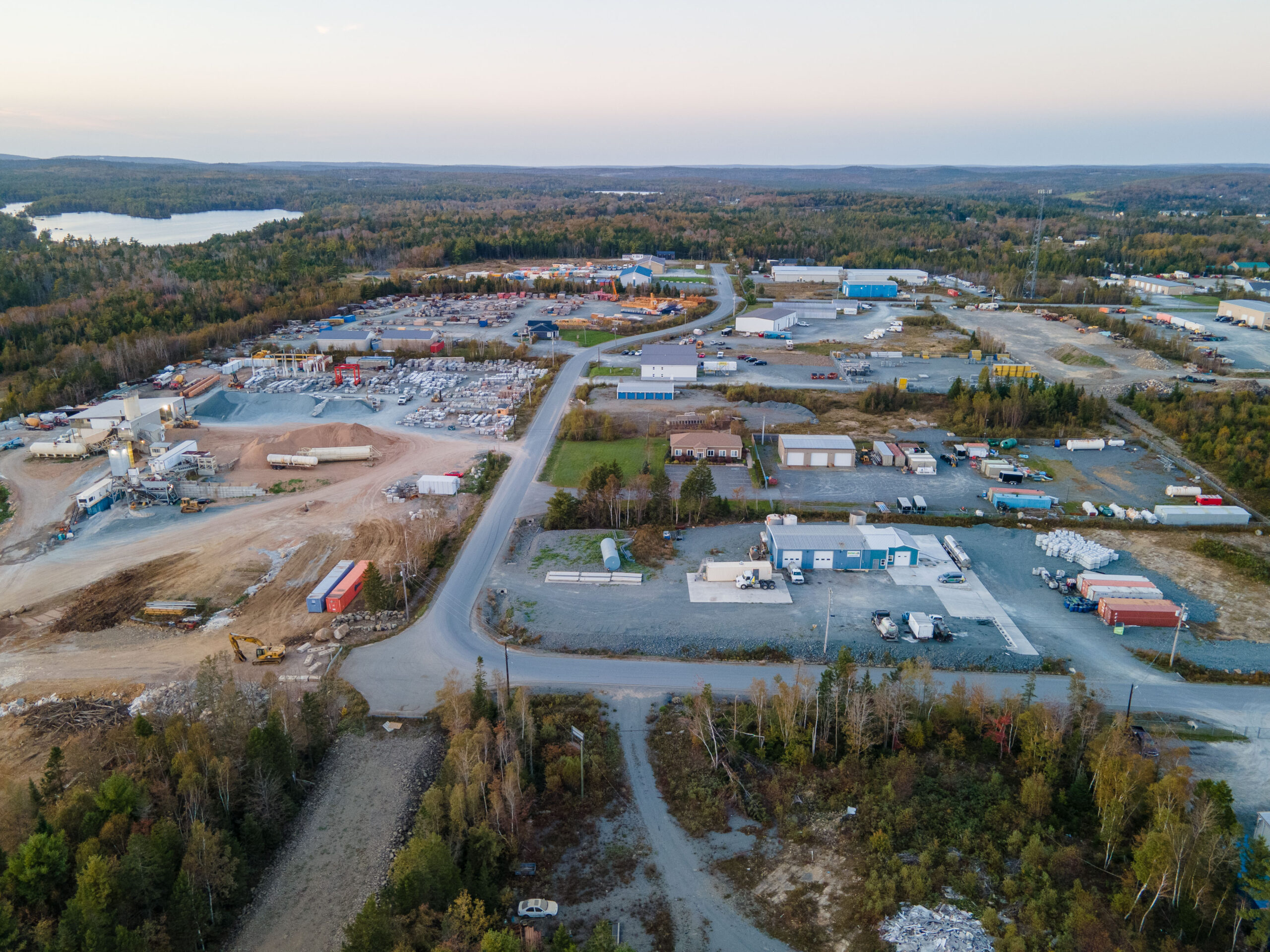 An aerial view of the Uniacke Business Park at dusk.